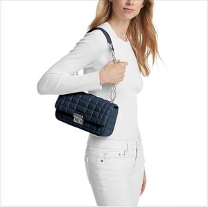 Michael Kors Tribeca Large Quilted Leather Shoulder Bag Blue Silver Chain